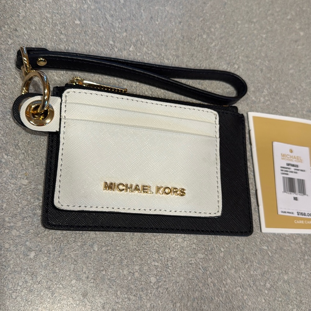 MK Michael Kors Leather Small Card Case Wallet Wristlet Duo Gifts Black White
